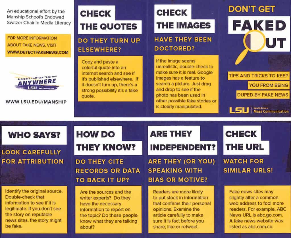 A card featuring information on how to detect fake news.