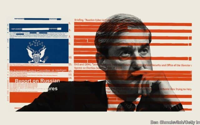 Mueller in front of excerpts from the Mueller Report