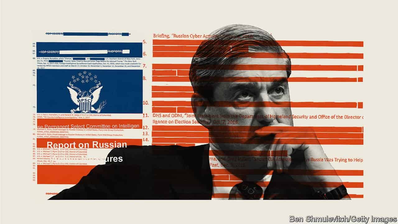 Mueller in front of excerpts from the Mueller Report