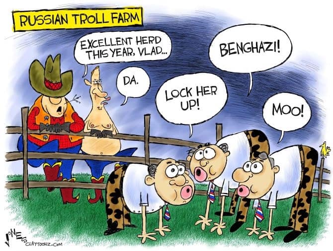 A political cartoon depicting a farmer looking at his cattle, which are actually men dressed up as cattle. The "cattle" are saying things such as, "moo" and "lock her up" and "benghazi" The cartoon is making a joke of how Russian trolls disguise themselves to infilrate American social media to mimic political conversation and amplify certain subjects that reflect poorly on then-candidate Hillary Clinton